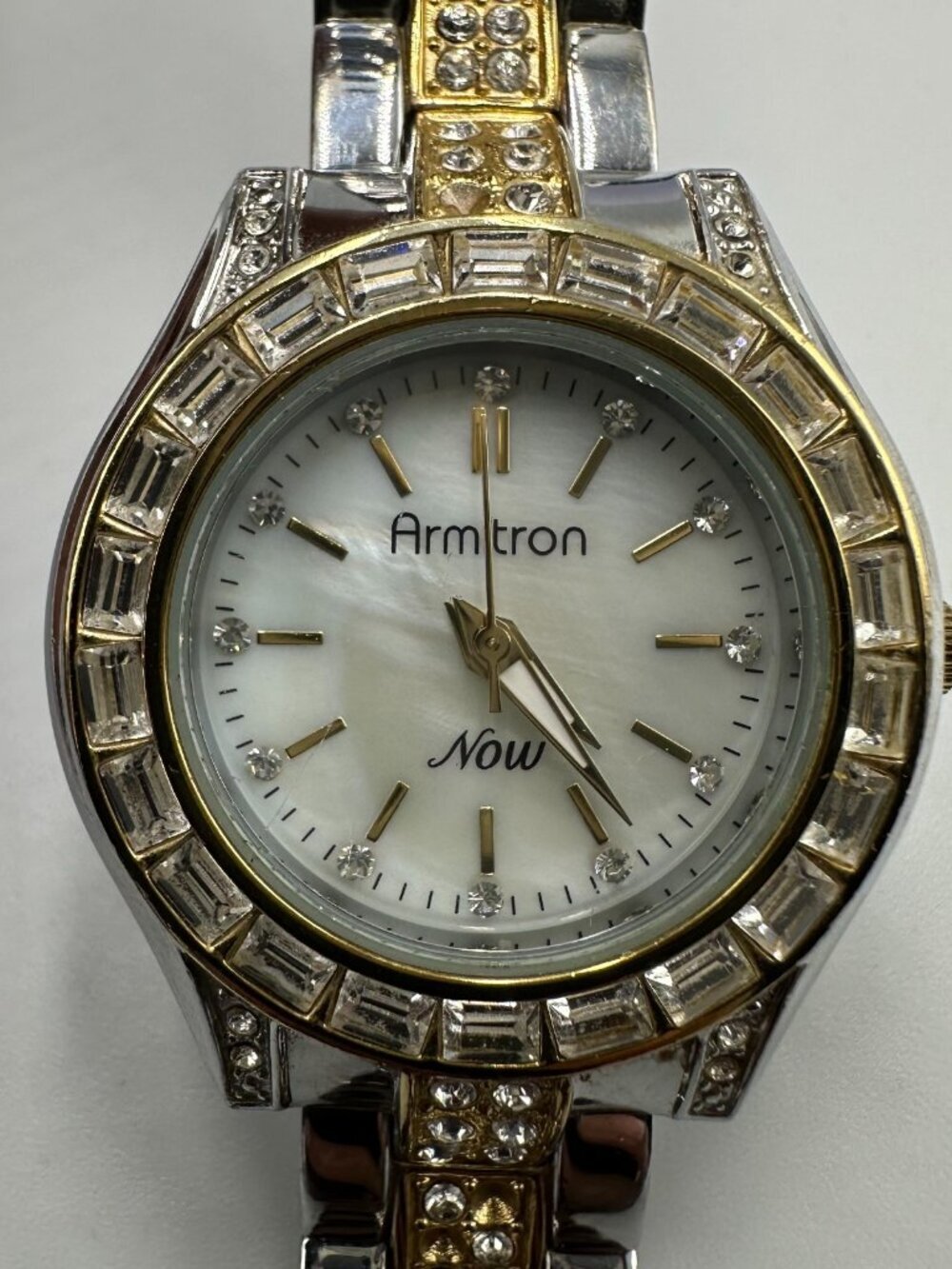 3/$30 Armitron Watch Women Silver Gold Mother of Pearl Dial Crystal Bezel 7.25"